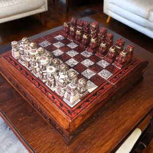 Chess set 10.23” x 10.23”, Resin Chess set in red and white, Mexican chess, Chess set handmade, Wooden chess, Doubles as a book