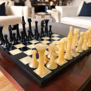 LARGE Chess set 13.77” x 13.77”, Marble Chess set in black and honey, Stone Chess Set, Chess set handmade, Italian design