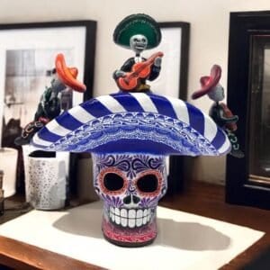 Sugar skull, Day of the Dead ornaments, skull as Mexican decoration, human skull sculpture, mariachi, 6.69 ”high