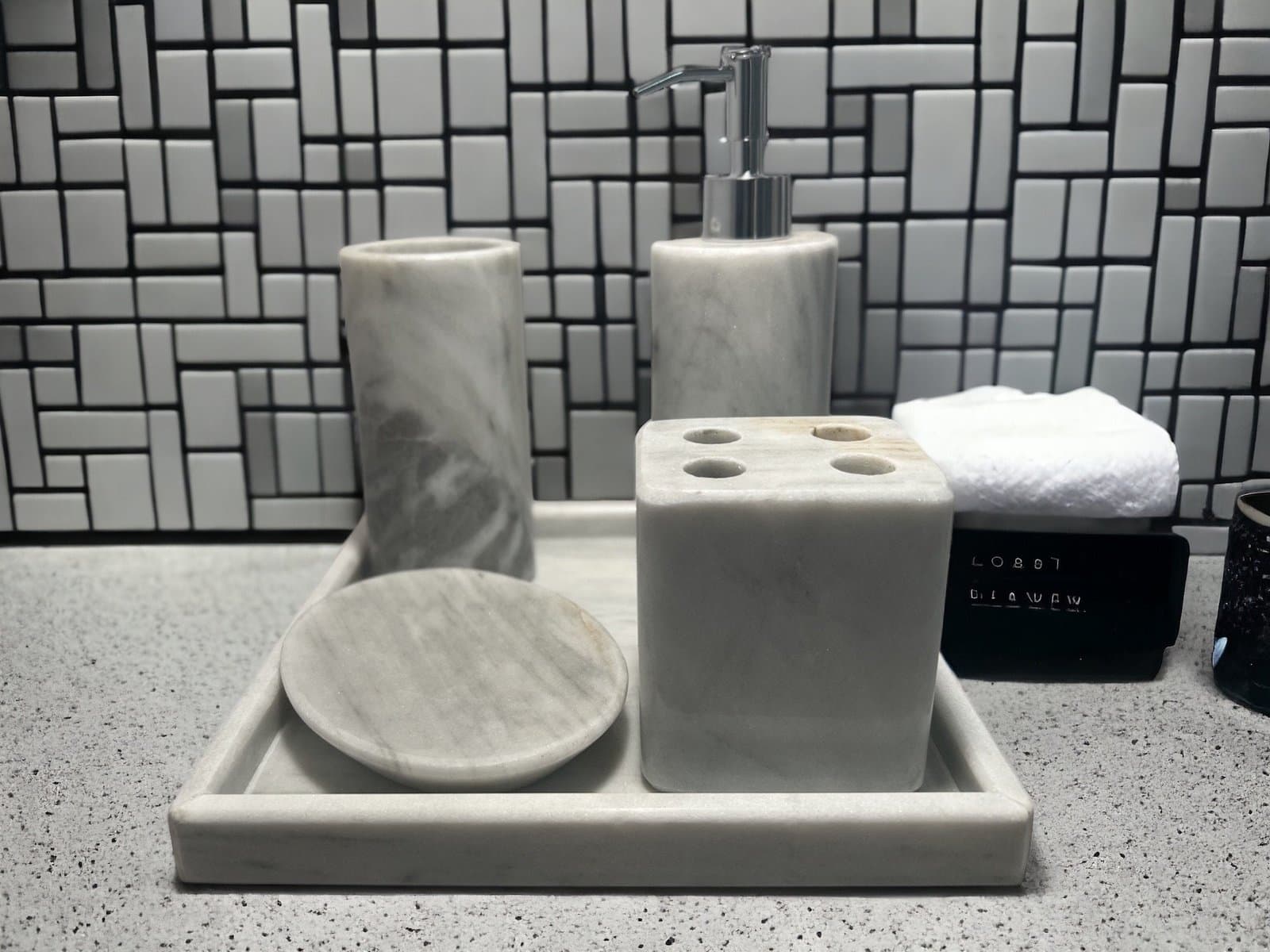 Bathroom decor, Soap dispenser, Bathroom accessories, Stone soap dispenser, Liquid soap holder, 5 piece gray set - Image 1