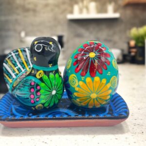 Salt And Pepper Shakers With Tray Made Of Clay Hand Painted Guerrero, Culture Of Mexico Salt And Pepper Set Lead Free Acrylic Paint