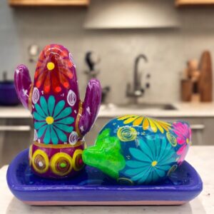 Salt And Pepper Shakers With Tray Made Of Clay Hand Painted Guerrero, Culture Of Mexico Salt And Pepper Set Lead Free Acrylic Paint