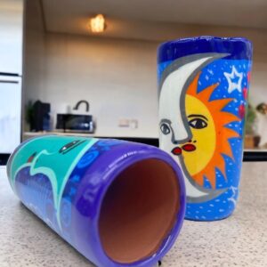Tequila Shot Glasses (2) Pair Of Clay Hand Painted Guerrero, Culture Of Mexico in a Shot Glass Lead Free Acrylic Paint And Varnished
