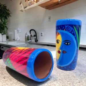 Tequila Shot Glasses (2) Pair Of Clay Hand Painted Guerrero, Culture Of Mexico in a Shot Glass Lead Free Acrylic Paint And Varnished