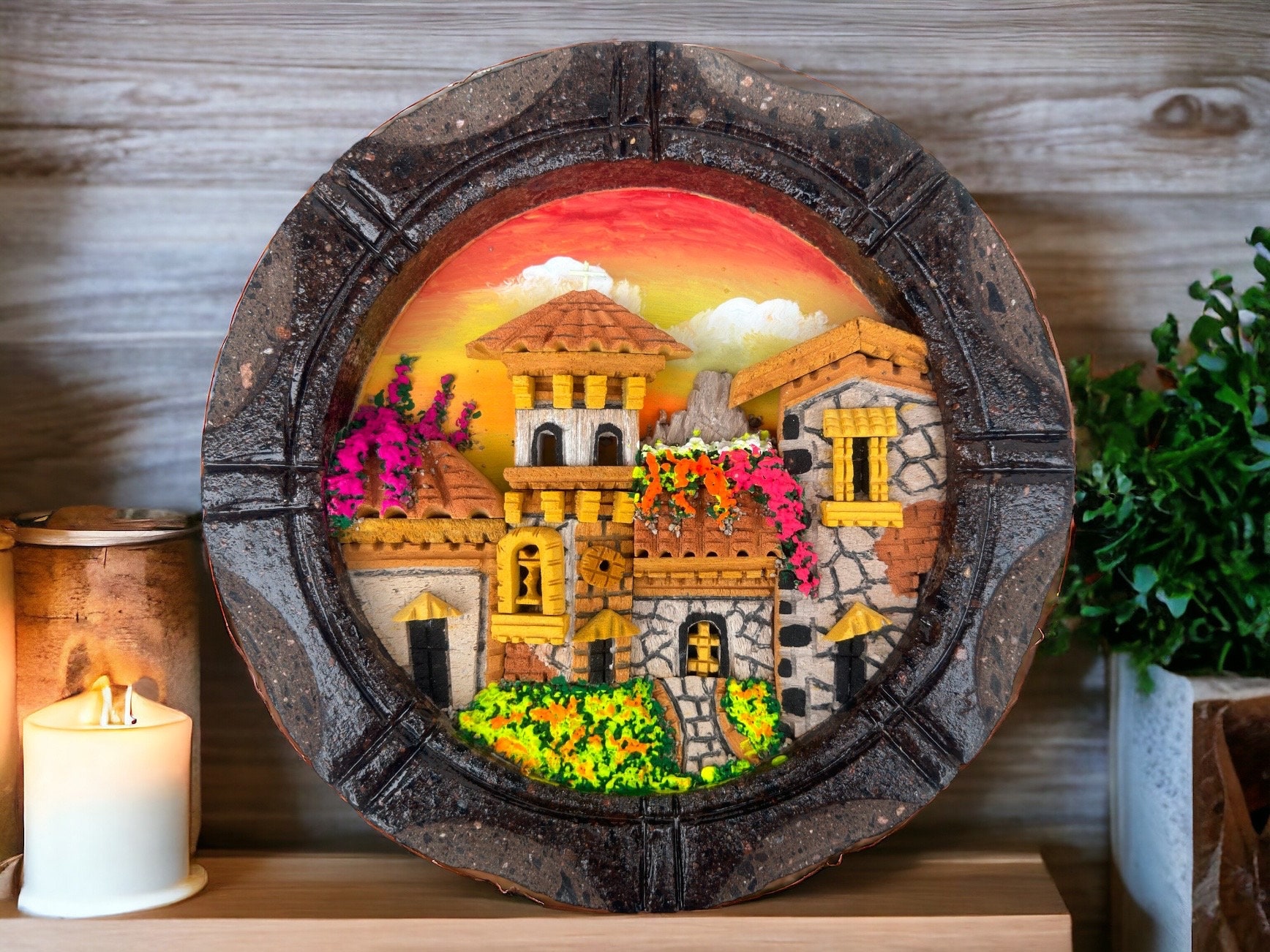 Wall Art 3D In Rock Pomez And Quarry Frame/ Hand Carved And Design In Mexico Unique  Charm And Colorful Folk Wall Art Landscape Painting - Image 1