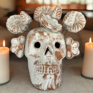 Skull Rustic White-Washed Clay Sculpture Technique Time-Honored Artisanal Craft from Tonalá,  Tradition and Elegance Cráneo Calavera