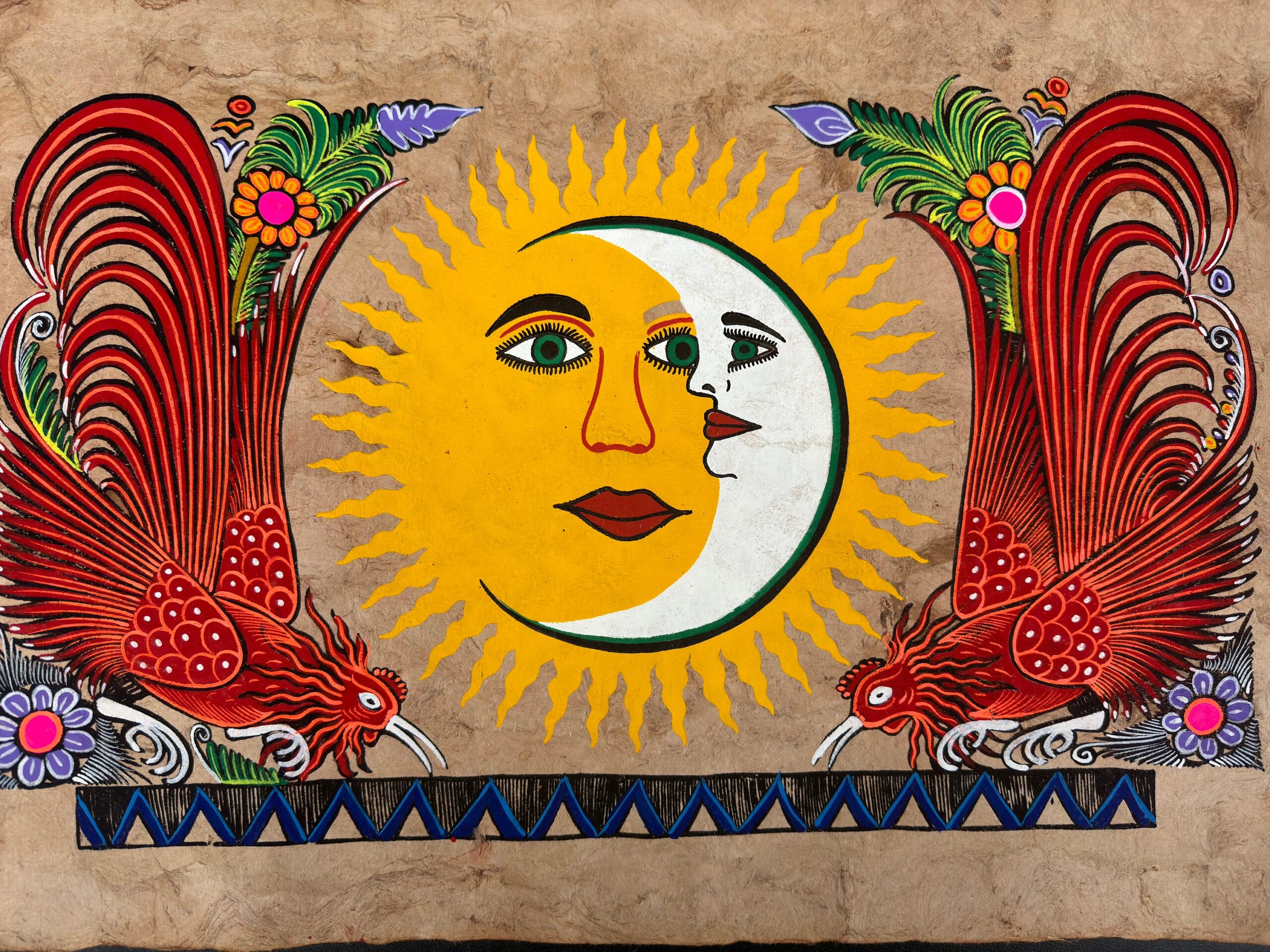 Sun & Moon painting painted on amate paper, original amate paintings in Mexican art, acrylic painting / Mexican painting authentic artisans - Image 2