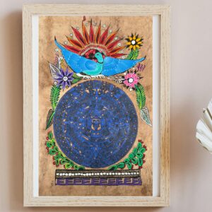 Aztec calendar painted on amate paper, original amate paintings in Mexican art, acrylic painting / Mexican painting authentic artisans.