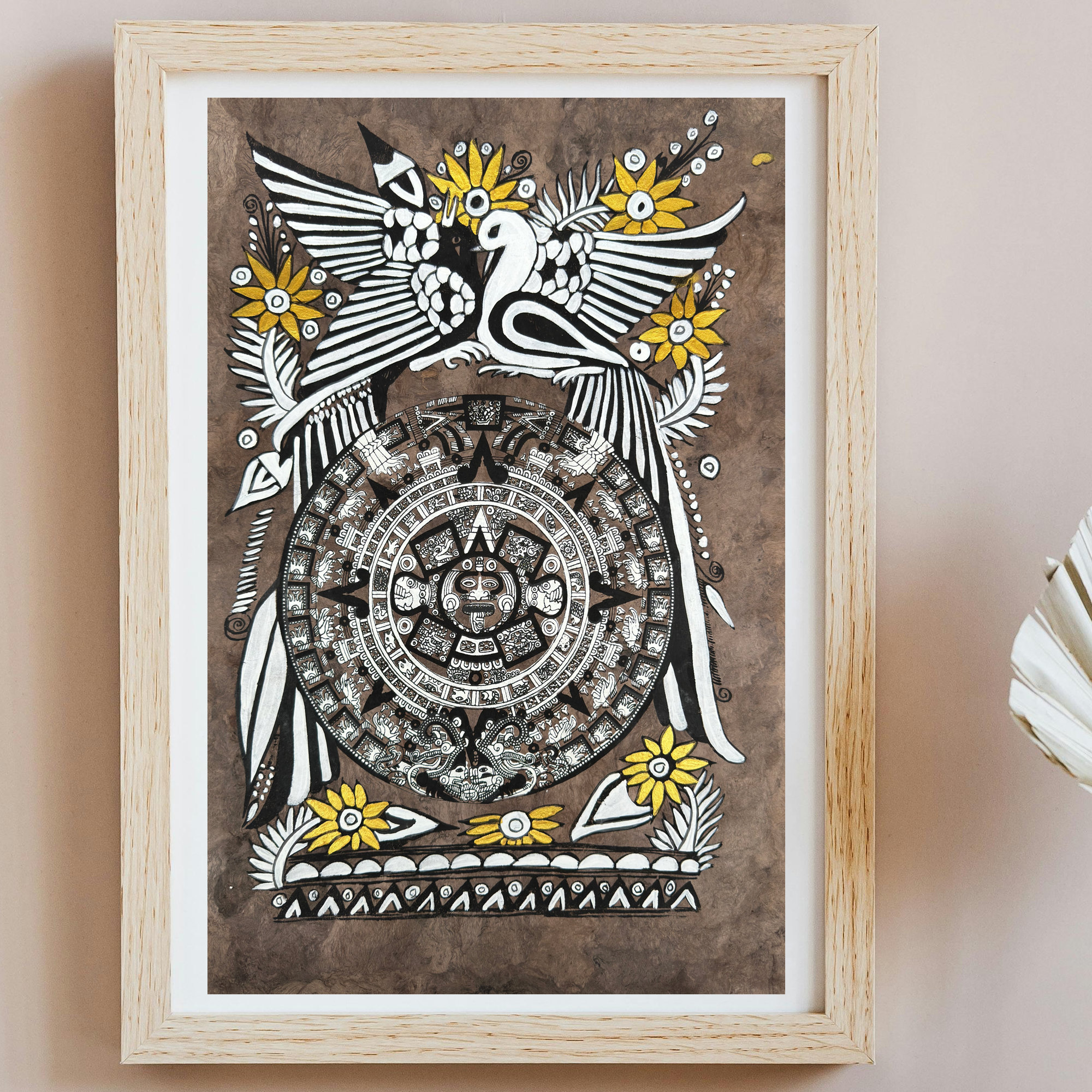 Aztec calendar painted on amate paper, original amate paintings in Mexican art, acrylic painting / Mexican painting authentic artisans. - Image 1