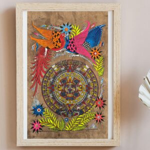Aztec calendar painted on amate paper, original amate paintings in Mexican art, acrylic painting / Mexican painting authentic artisans.
