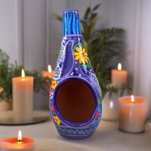 Mini Chimney Incense Burner Made Of Clay Hand Painted Guerrero, Culture Of Mexico Candle Holder For Indoor Home Decor With Vibrant Colors