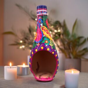 Mini Chimney Incense Burner Made Of Clay Hand Painted Guerrero, Culture Of Mexico Candle Holder For Indoor Home Decor With Vibrant Colors