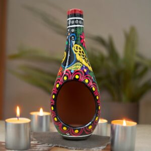 Mini Chimney Incense Burner Made Of Clay Hand Painted Guerrero, Culture Of Mexico Candle Holder For Indoor Home Decor With Vibrant Colors
