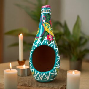Mini Chimney Incense Burner Made Of Clay Hand Painted Guerrero, Culture Of Mexico Candle Holder For Indoor Home Decor With Vibrant Colors