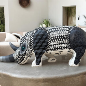 Large Rhino Statue Folk Art Alebrije Sculpture, Wooden Authentic Oaxaca Artisans  Rhinoceros Mexican Decoration Figure Wood Carved By Hand