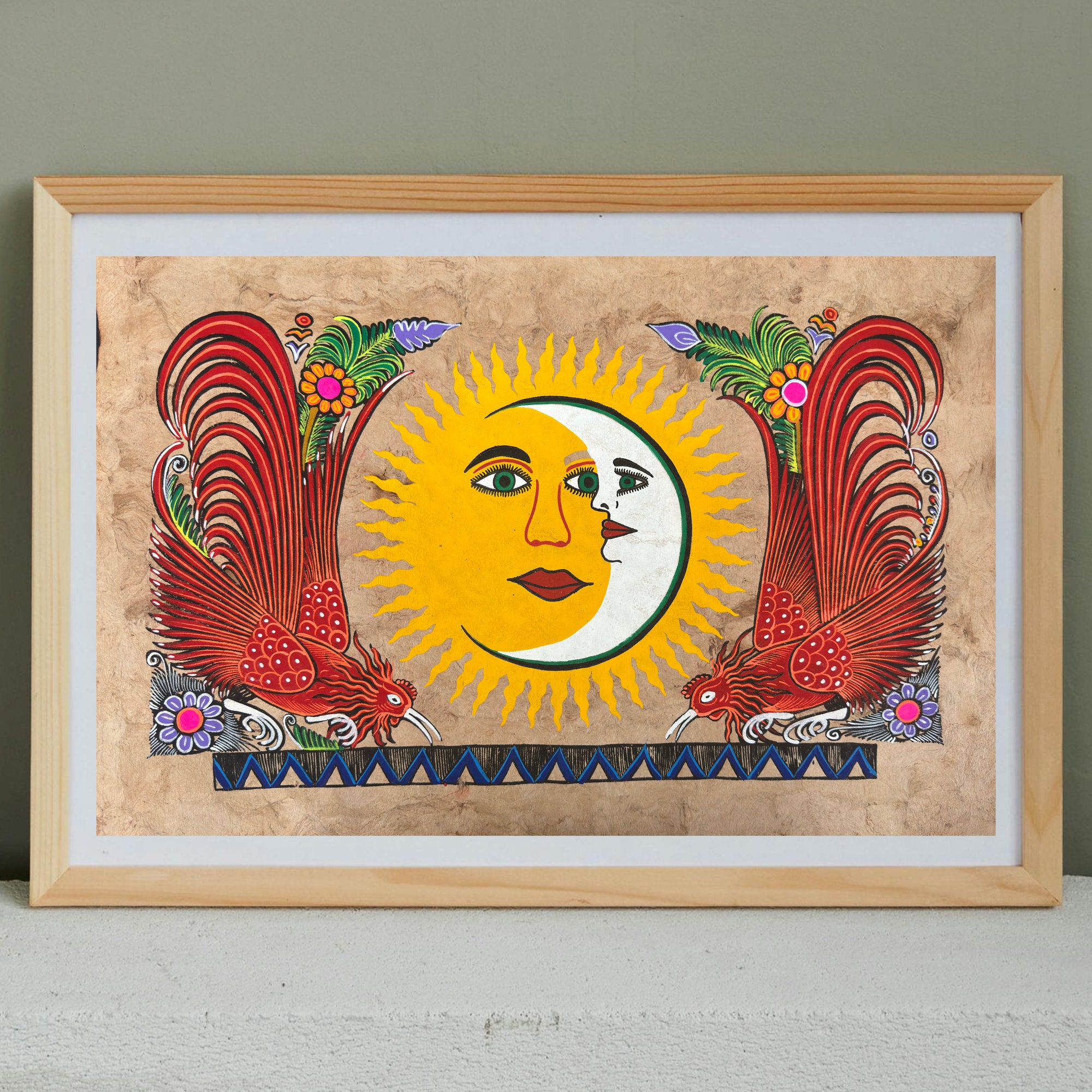Sun & Moon painting painted on amate paper, original amate paintings in Mexican art, acrylic painting / Mexican painting authentic artisans - Image 1