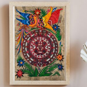 Aztec calendar painted on amate paper, original amate paintings in Mexican art, acrylic painting / Mexican painting authentic artisans.