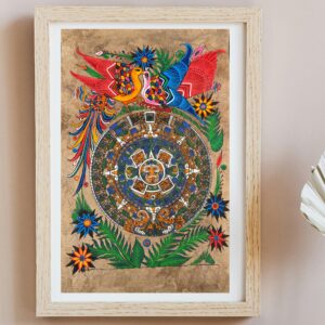 Aztec calendar painted on amate paper, original amate paintings in Mexican art, acrylic painting / Mexican painting authentic artisans.