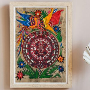 Aztec calendar painted on amate paper, original amate paintings in Mexican art, acrylic painting / Mexican painting authentic artisans.