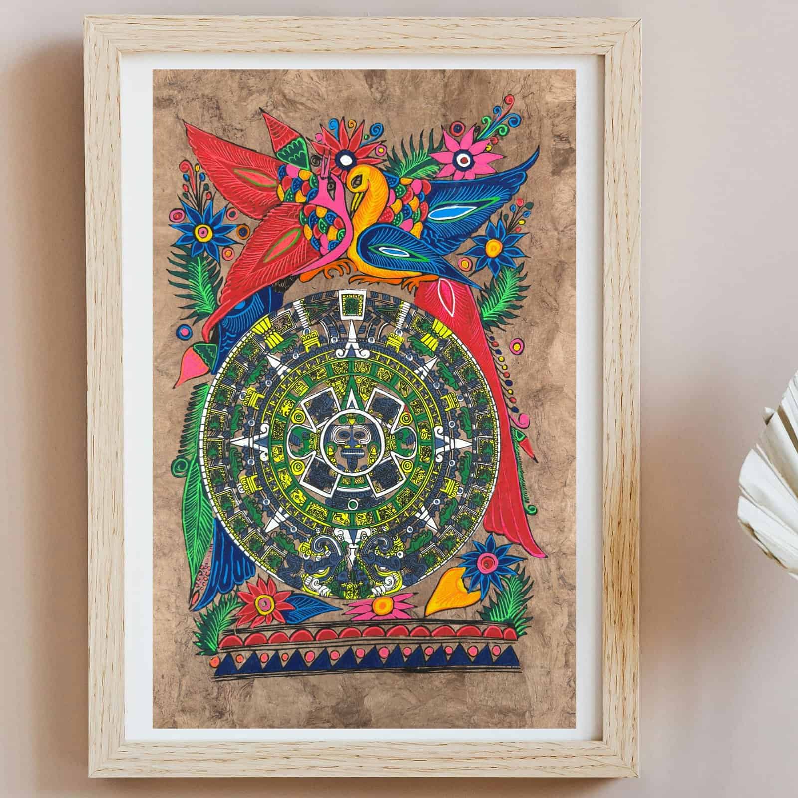 Aztec calendar painted on amate paper, original amate paintings in Mexican art, acrylic painting / Mexican painting authentic artisans. - Image 1