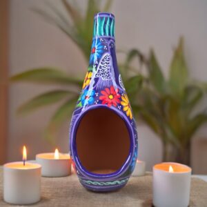 Mini Chimney Incense Burner Made Of Clay Hand Painted Guerrero, Culture Of Mexico Candle Holder For Indoor Home Decor With Vibrant Colors