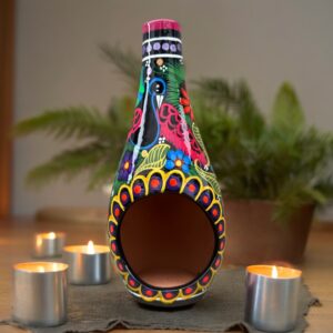 Mini Chimney Incense Burner Made Of Clay Hand Painted Guerrero, Culture Of Mexico Candle Holder For Indoor Home Decor With Vibrant Colors