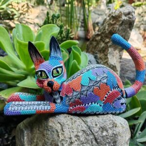 Cat Statue Mexican Folk Art Alebrije Sculpture, Wooden As Mexican Decoration Figurine, Made Of Wood And Carved By Hand