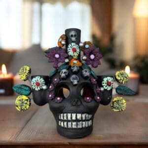 Skull Candle Holder (3) Michoacan Clay - Artisanal Handcrafted Mexican Decor, Unique Gothic Home  Decor, Day of the Dead