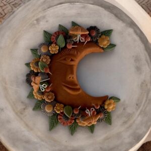 Moon Figurine With Butterflies Of Pigment Clay, Mexican Folk Art, Moon Sculpture With Hook For Wall Hanging Capula Michoacán Figurine