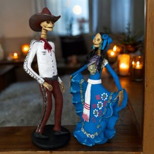 Couple (2) 10.5” Catrinas, Frida Kahlo Doll, Day of the dead, Human skeleton, Mexican decorations, Sugar skull Michoacan Made of Clay