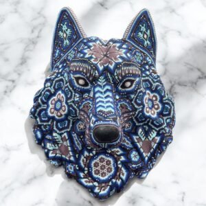 Wolf Statue Head Huichol Sculpture  Of Mexican Folk Art, Wolf Wixarika As A Mexican Decorative Figure , Made Of Resin, Beads We “Customize”