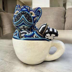 Dog Bulldog Statue Huichol Sculpture Of Mexican Folk Art, Pet Wixarika As A Mexican Decorative Figure, Made Of Resin And Beads