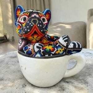 Dog Bulldog Statue Huichol Sculpture Of Mexican Folk Art, Pet Wixarika As A Mexican Decorative Figure, Made Of Resin And Beads