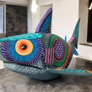 Alebrije Shark Figure Oaxaca  Mexican Folk Art Alebrije Sculpture, Wooden Fish As Mexican Decoration Statue, Made Of Wood And Carved By Hand