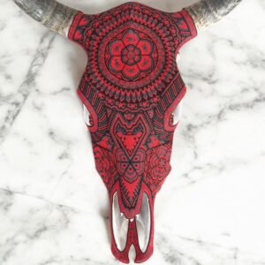 Bull Sculpture Huichol Statue Of Mexican Folk Art, Cow Wixarika As A Mexican Decorative Figure, Made Of Beads On Real Skull. “We Customize”