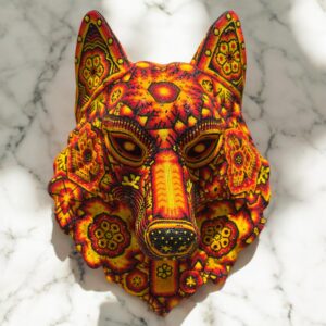 Wolf Statue Head Huichol Sculpture  Of Mexican Folk Art, Wolf Wixarika As A Mexican Decorative Figure , Made Of Resin, Beads We “Customize”