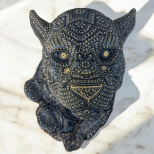 Jaguar Statue  Huichol Sculpture Of Mexican Folk Art, Panther Wixarika As A Mexican Decorative Figure , Made Of Resin, Beads We “Customize”