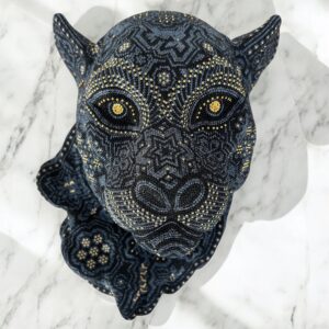 Jaguar Statue  Huichol Sculpture Of Mexican Folk Art, Panther Wixarika As A Mexican Decorative Figure , Made Of Resin, Beads We “Customize”
