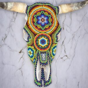 Bull Sculpture Huichol Statue Of Mexican Folk Art, Cow Wixarika As A Mexican Decorative Figure, Made Of Beads On Real Skull. “We Customize”