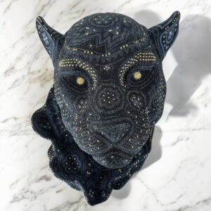 Jaguar Statue  Huichol Sculpture Of Mexican Folk Art, Panther Wixarika As A Mexican Decorative Figure , Made Of Resin, Beads We “Customize”