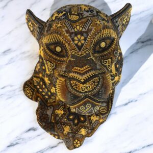 Jaguar Statue  Huichol Sculpture Of Mexican Folk Art, Panther Wixarika As A Mexican Decorative Figure , Made Of Resin, Beads We “Customize”