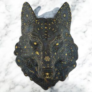 Wolf Statue Head Huichol Sculpture  Of Mexican Folk Art, Wolf Wixarika As A Mexican Decorative Figure , Made Of Resin, Beads We “Customize”