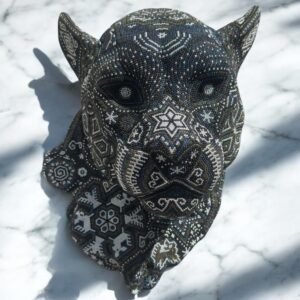 Jaguar Statue  Huichol Sculpture Of Mexican Folk Art, Panther Wixarika As A Mexican Decorative Figure , Made Of Resin, Beads We “Customize”
