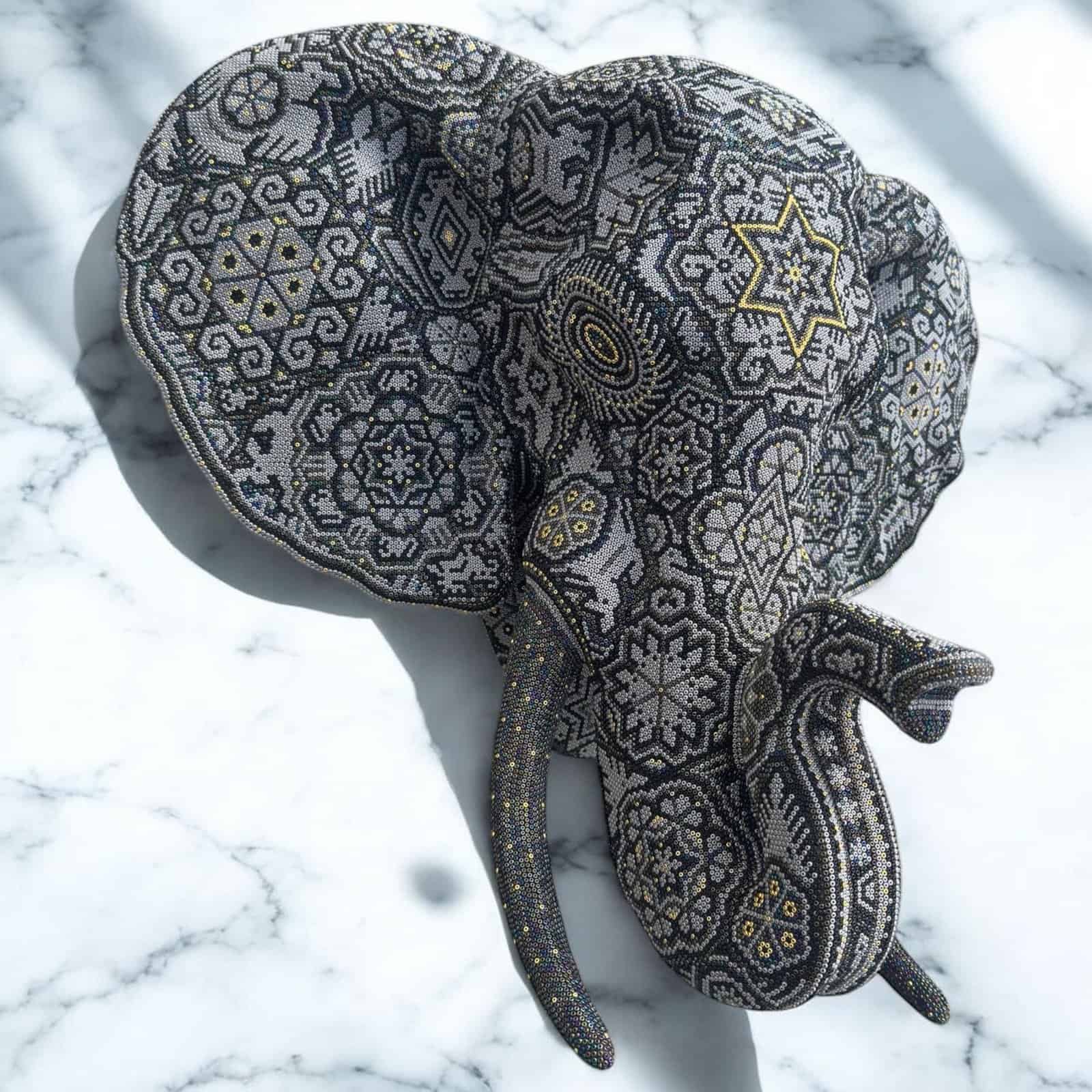 Big Elephant Statue Huichol Sculpture Of Mexican Folk Art, Wixarika As A Mexican Decorative Figure , Made Of Resin, Beads We “Customize” - Image 1