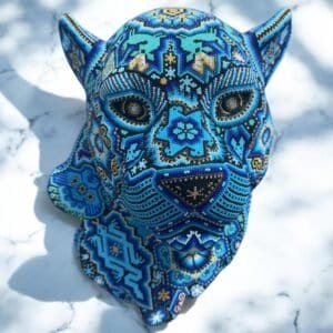 Jaguar Statue  Huichol Sculpture Of Mexican Folk Art, Panther Wixarika As A Mexican Decorative Figure , Made Of Resin, Beads We “Customize”