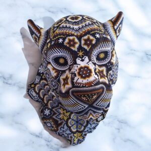 Jaguar Statue  Huichol Sculpture Of Mexican Folk Art, Panther Wixarika As A Mexican Decorative Figure , Made Of Resin, Beads We “Customize”