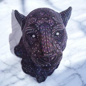 Jaguar Statue  Huichol Sculpture Of Mexican Folk Art, Panther Wixarika As A Mexican Decorative Figure , Made Of Resin, Beads We “Customize”