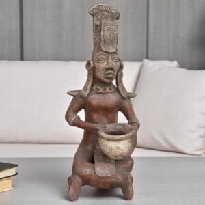 Handmade Mayan Warrior with Headdress and Bowl, Pre-Columbian Style Terracotta Statue, Mexican Indigenous Art from Metepec, Rustic Tribal