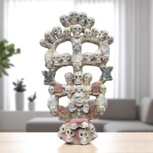 Mictlan Large Tree Of Death Clay Sculpture of Mictlantecuhtli, Aztec God of Death Folk Art, Pre-Hispanic Skeleton Figure, Day of the Dead