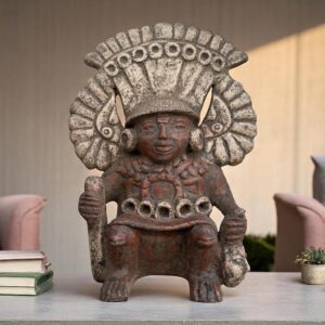 Pre-Columbian Warrior Sculpture, Handmade Clay Statue, Feathered Headdress Figurine, Ritual Offering Figure, Terracotta Ceremonial Art